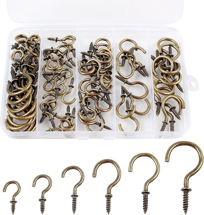Romeda 90 Pcs Ceiling Hooks Kit - 6 Sizes Screw-in Hooks for Hanging (1/2", 5/8",3/4",7/8",1",1-1/4") (Bronze) - Image 1